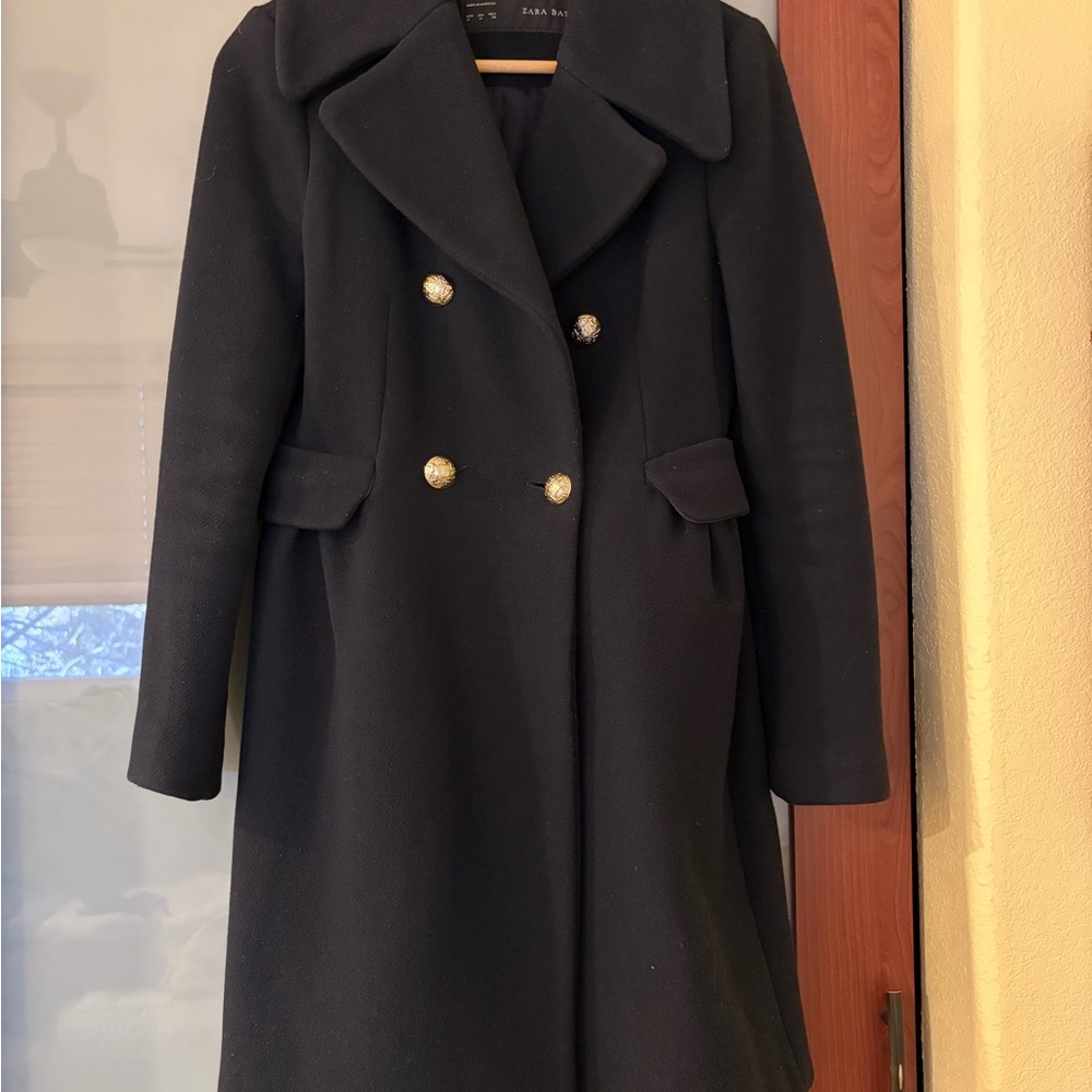Zara Navy Wool Double-Breasted Coat M